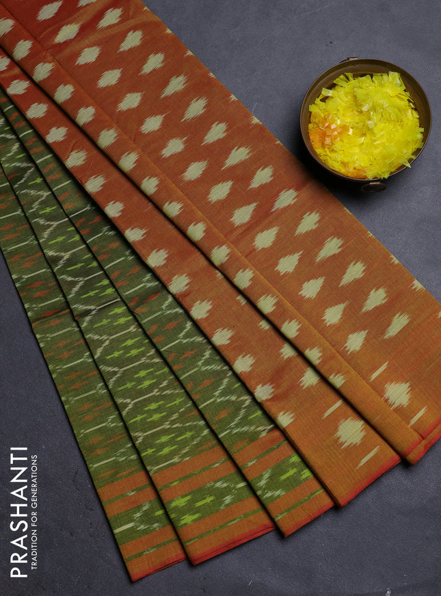Ikat cotton saree mehendi green and dual shade of rust with allover ikat weaves and rettapet ikat border