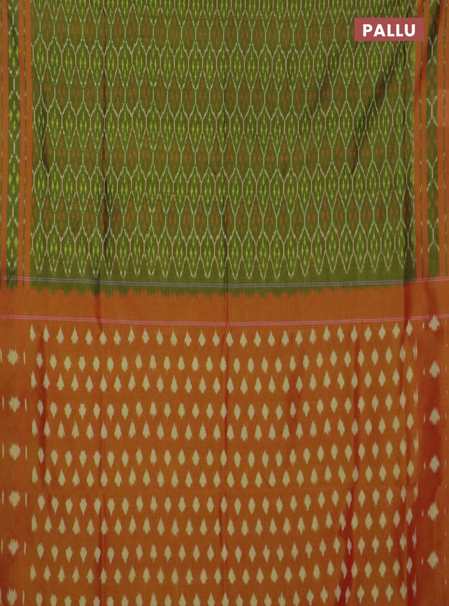Ikat cotton saree mehendi green and dual shade of rust with allover ikat weaves and rettapet ikat border