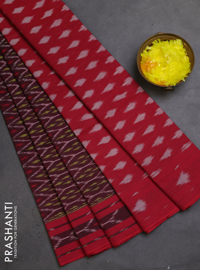 Ikat cotton saree deep maroon and red with allover ikat weaves and rettapet ikat border