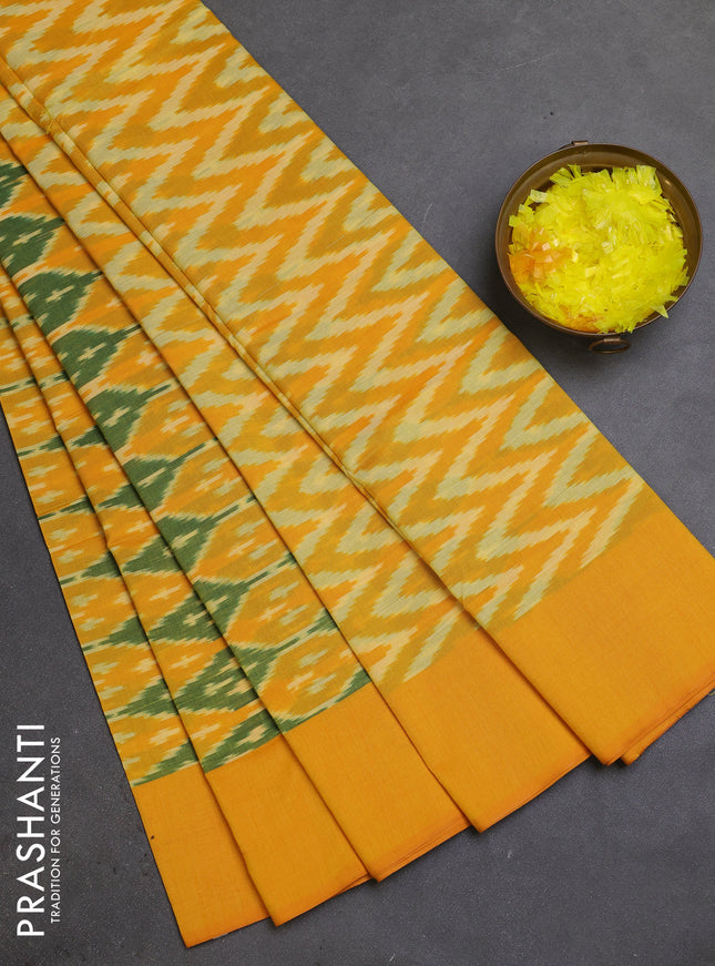 Ikat cotton saree green and mango yellow with allover ikat weaves and simple border