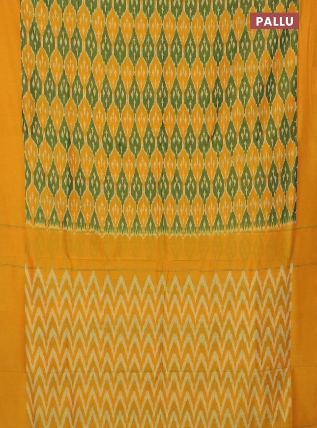 Ikat cotton saree green and mango yellow with allover ikat weaves and simple border