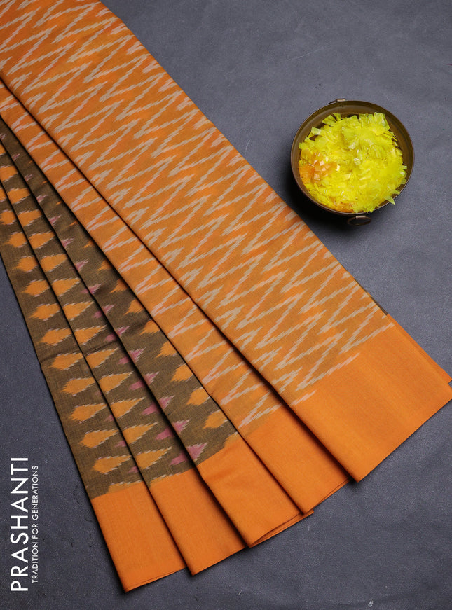 Ikat cotton saree dark mustard and orange with allover ikat butta weaves and simple border
