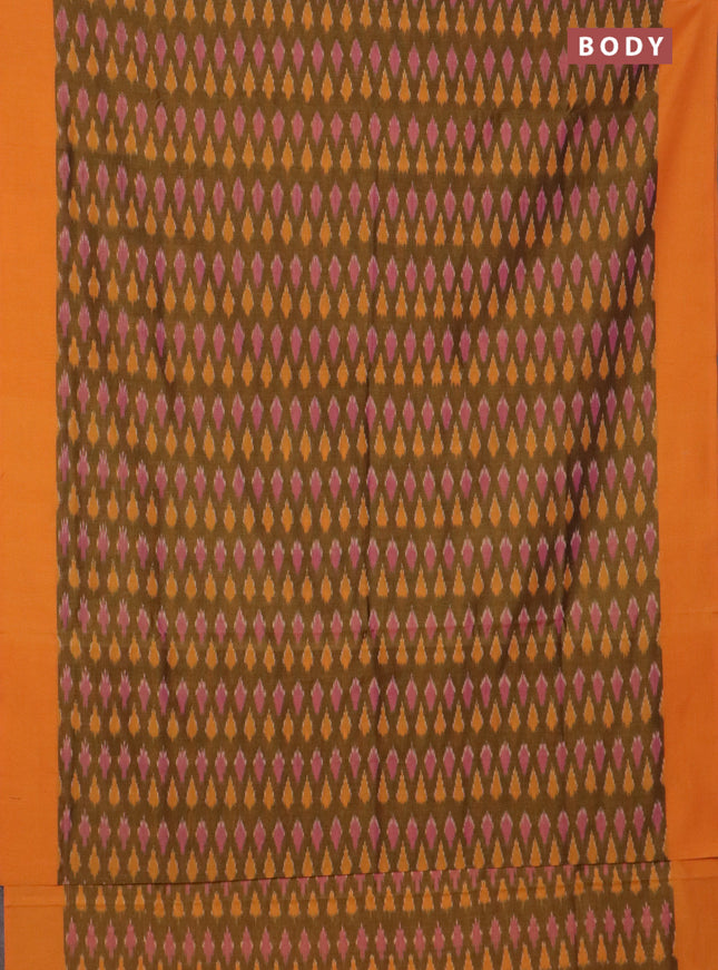 Ikat cotton saree dark mustard and orange with allover ikat butta weaves and simple border