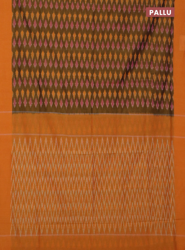 Ikat cotton saree dark mustard and orange with allover ikat butta weaves and simple border