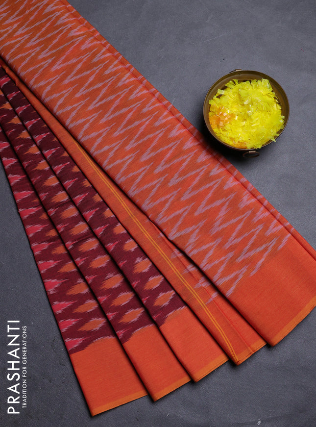 Ikat cotton saree maroon and mustard yellow with allover ikat butta weaves and simple border
