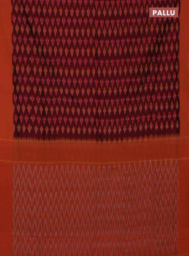 Ikat cotton saree maroon and mustard yellow with allover ikat butta weaves and simple border