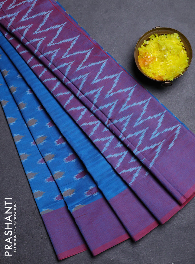 Ikat cotton saree cs blue and dual shade of maroon with allover ikat butta weaves and simple border