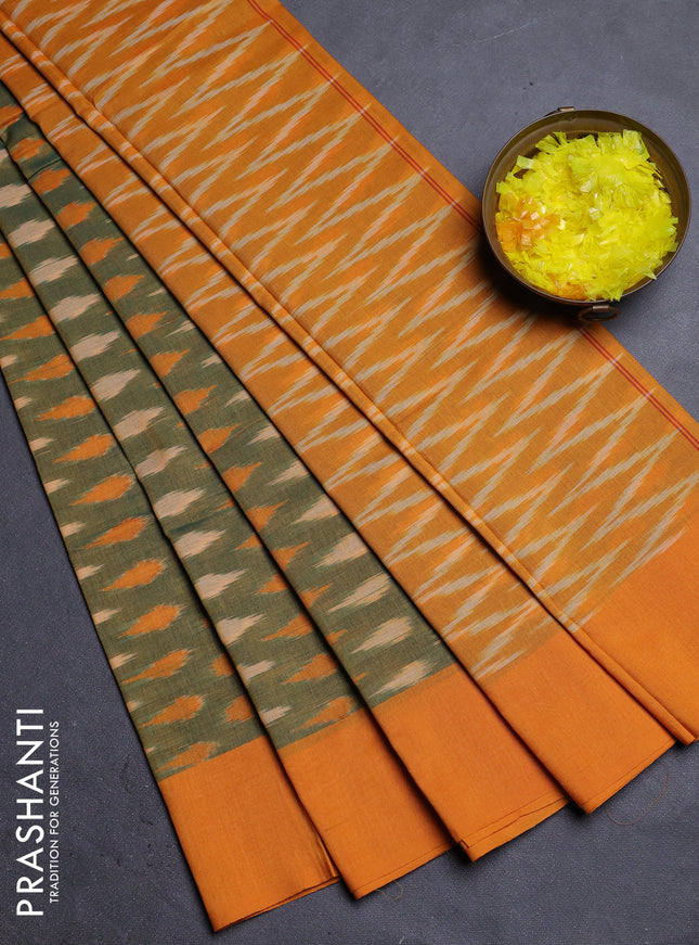 Ikat cotton saree dual shade of green and yellow with allover ikat butta weaves and simple border