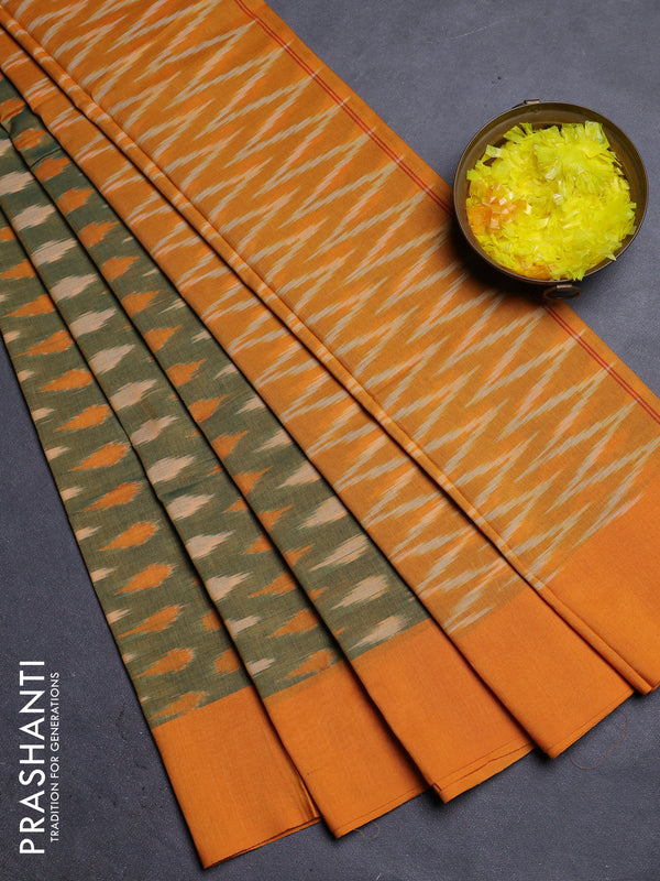 Ikat cotton saree dual shade of green and yellow with allover ikat butta weaves and simple border