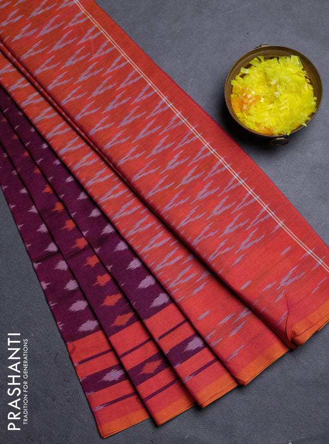 Ikat cotton saree dark magenta and sunset oarnge with allover ikat butta weaves and rettapet ikat border