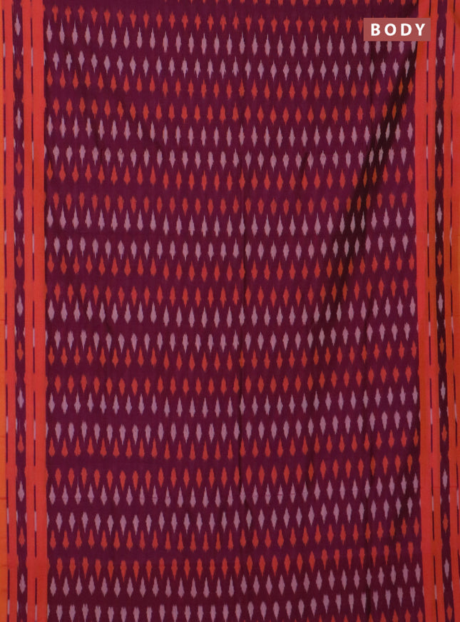 Ikat cotton saree dark magenta and sunset oarnge with allover ikat butta weaves and rettapet ikat border