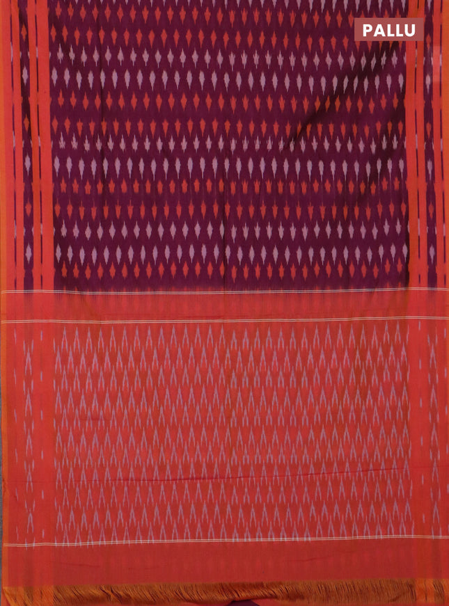 Ikat cotton saree dark magenta and sunset oarnge with allover ikat butta weaves and rettapet ikat border