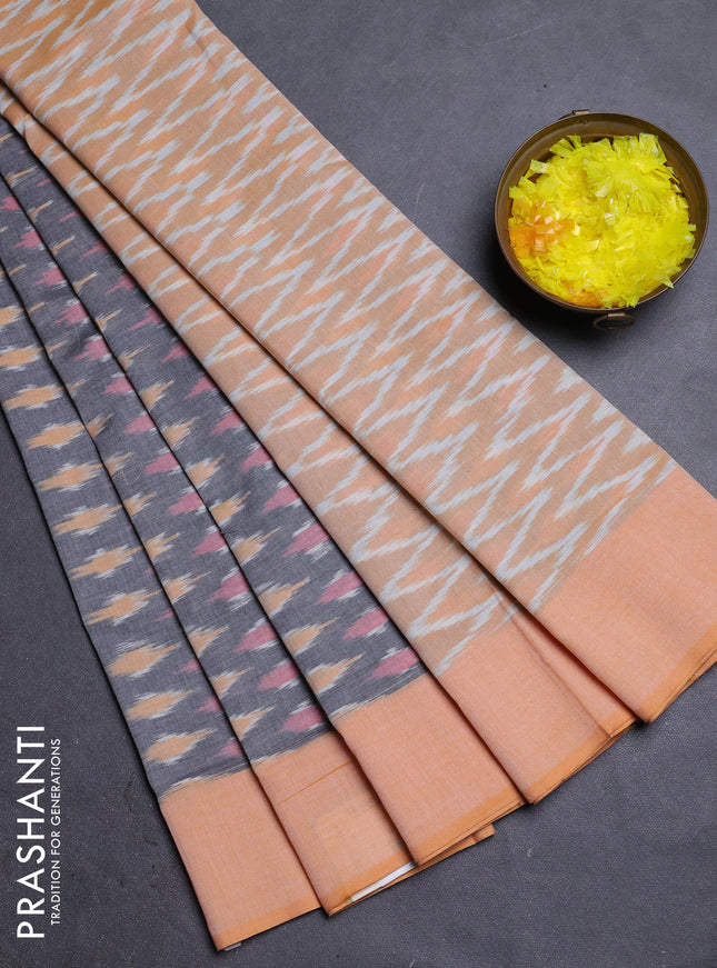 Ikat cotton saree grey and pale orange with allover ikat butta weaves and simple border