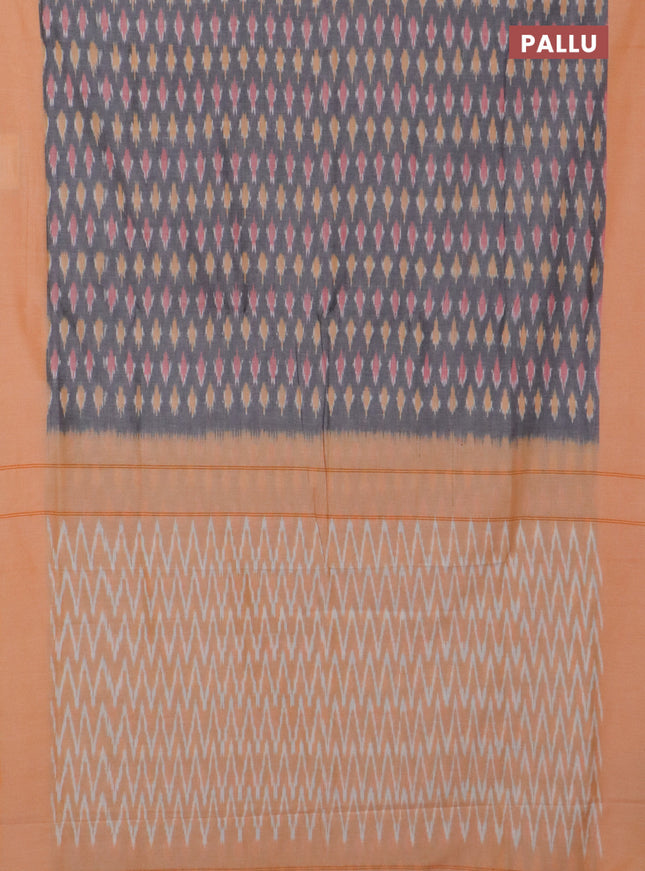 Ikat cotton saree grey and pale orange with allover ikat butta weaves and simple border