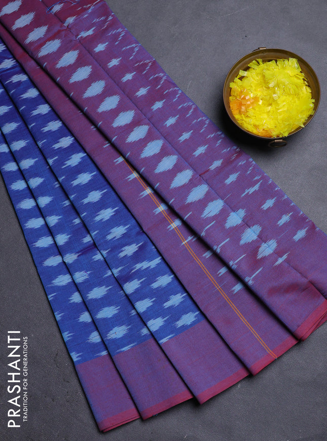 Ikat cotton saree dual shade of blue and dual shade of maroon with allover ikat butta weaves and simple border