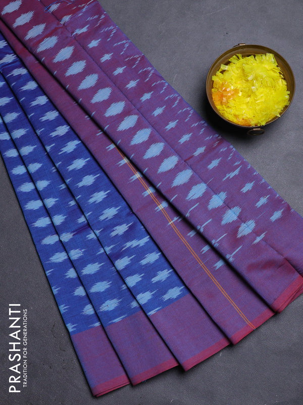Ikat cotton saree dual shade of blue and dual shade of maroon with allover ikat butta weaves and simple border