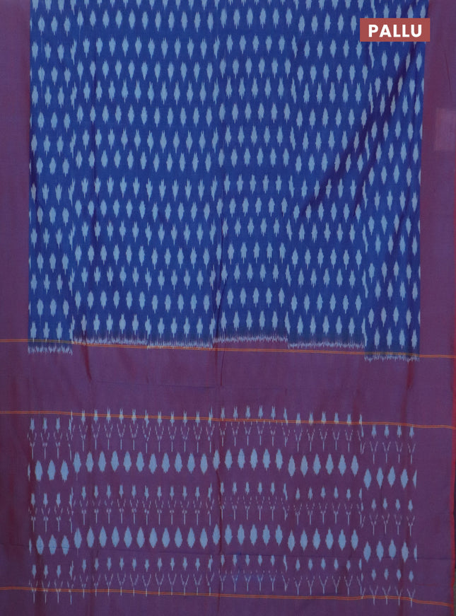 Ikat cotton saree dual shade of blue and dual shade of maroon with allover ikat butta weaves and simple border