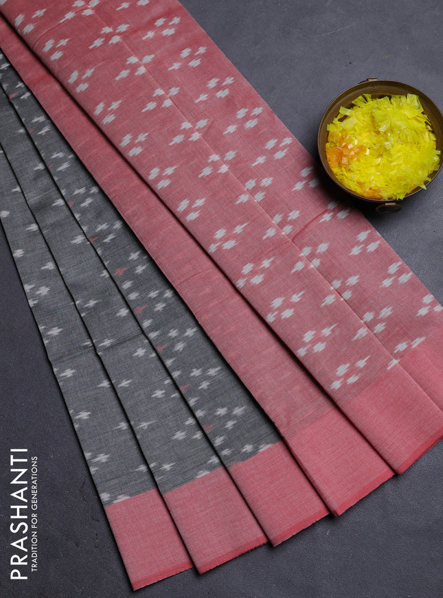 Ikat cotton saree grey and red shade with allover ikat weaves and rettapet ikat border