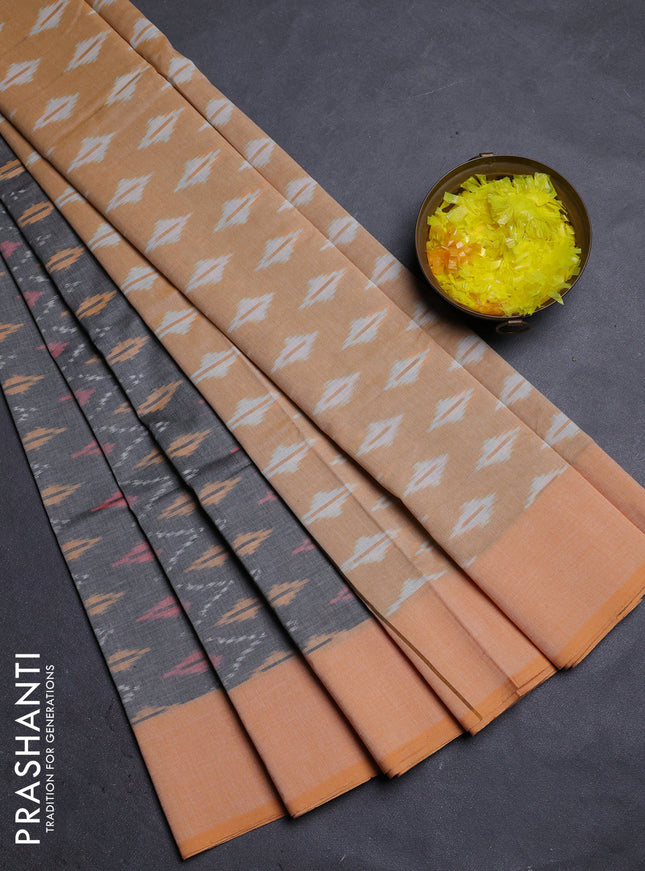 Ikat cotton saree grey and pale orange with allover ikat weaves and simple border