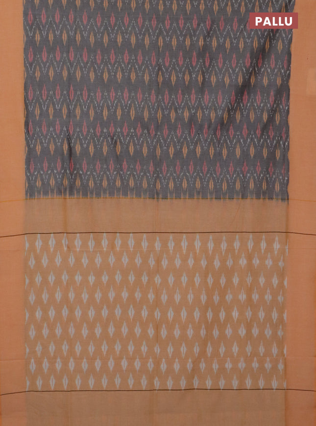 Ikat cotton saree grey and pale orange with allover ikat weaves and simple border