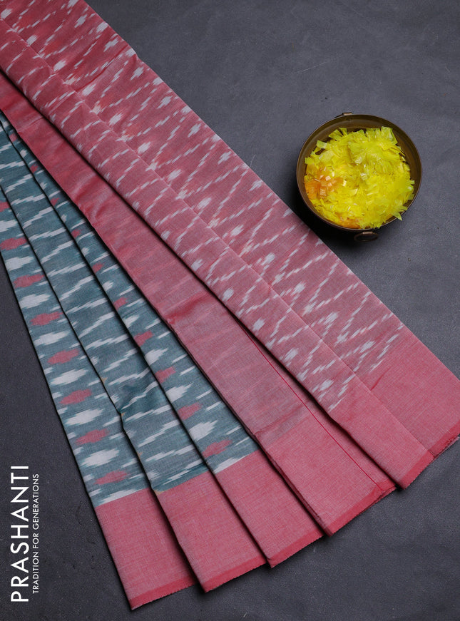 Ikat cotton saree teal green and red with allover ikat weaves and simple border