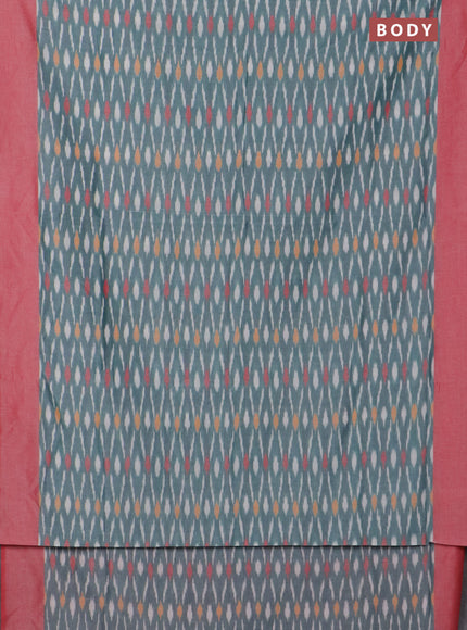 Ikat cotton saree teal green and red with allover ikat weaves and simple border