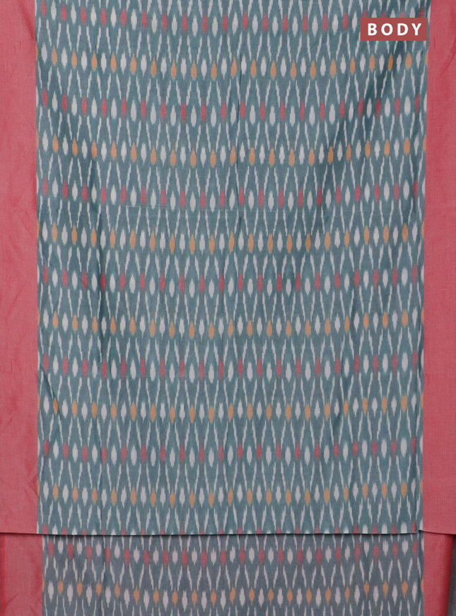 Ikat cotton saree teal green and red with allover ikat weaves and simple border