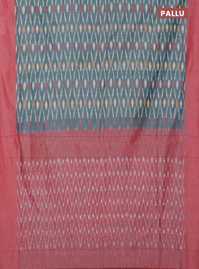 Ikat cotton saree teal green and red with allover ikat weaves and simple border