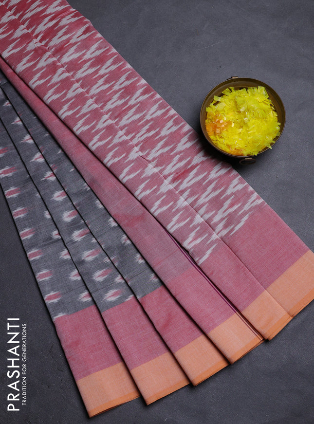 Ikat cotton saree grey and red orange with allover ikat butta weaves and long simple border