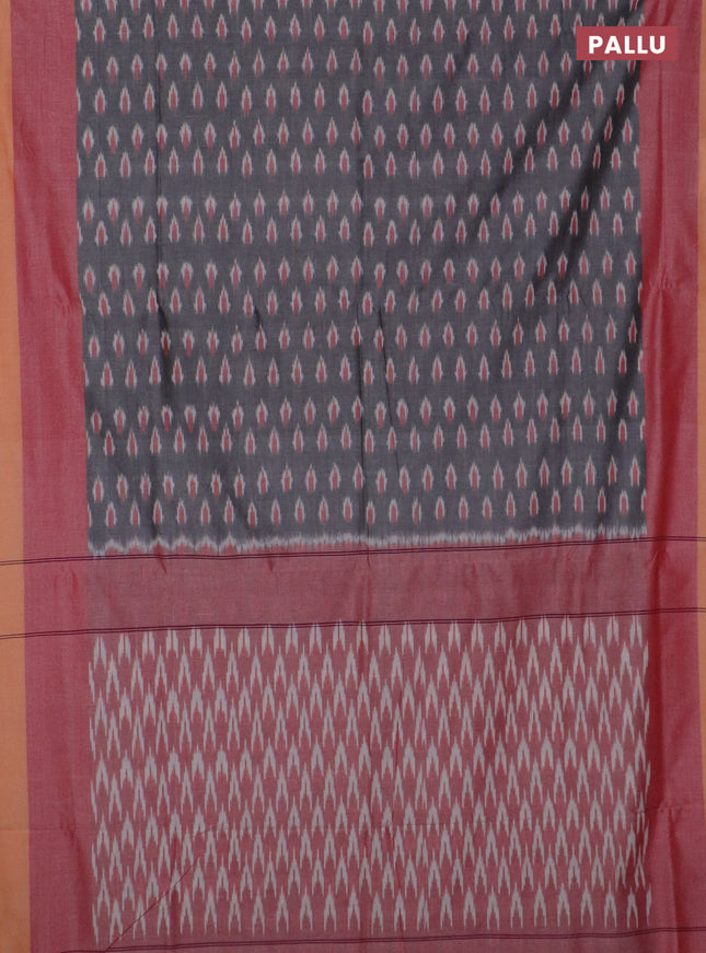 Ikat cotton saree grey and red orange with allover ikat butta weaves and long simple border
