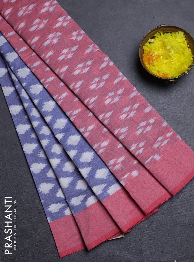 Ikat cotton saree blue and red with allover ikat butta weaves and simple border