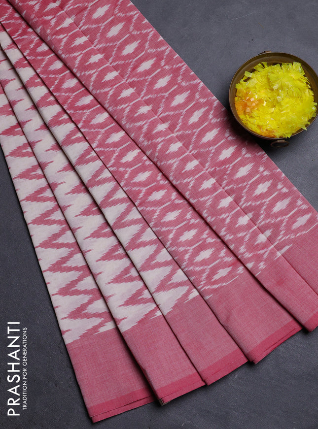 Ikat cotton saree cream and red with allover ikat zig zag weaves and simple border
