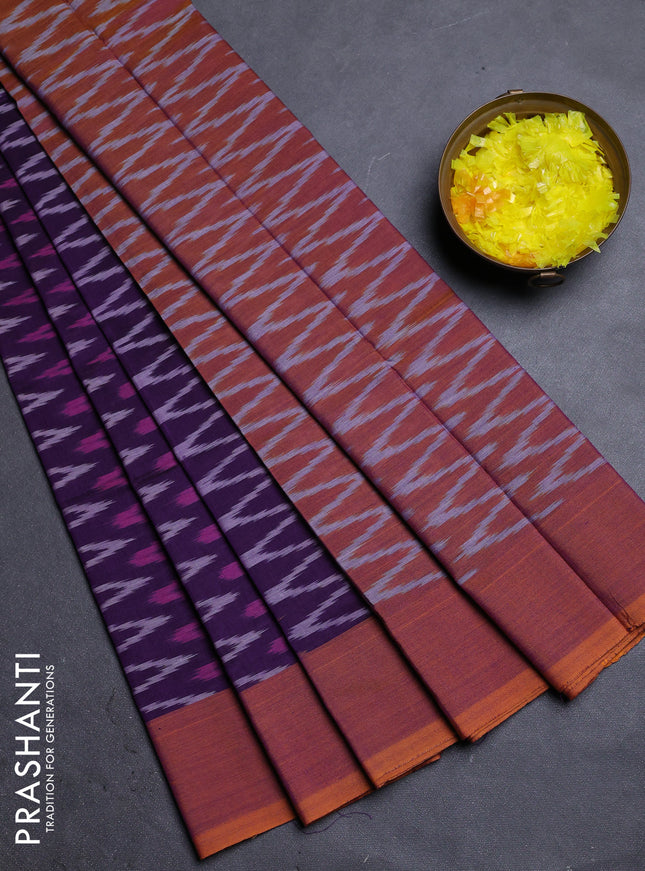 Ikat cotton saree purple and dark mustard with allover ikat zig zag weaves and simple border