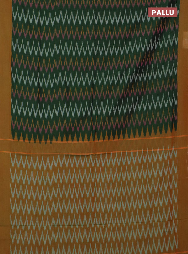 Ikat cotton saree bottle green and dark mustard with allover ikat zig zag weaves and simple border