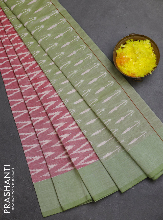 Ikat cotton saree red and green with allover ikat zig zag weaves and simple border