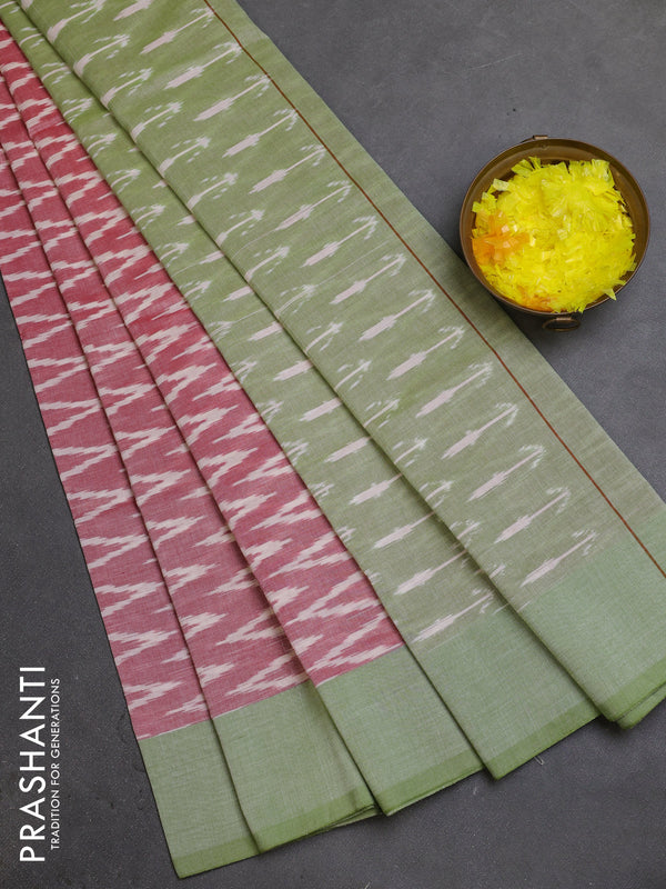 Ikat cotton saree red and green with allover ikat zig zag weaves and simple border