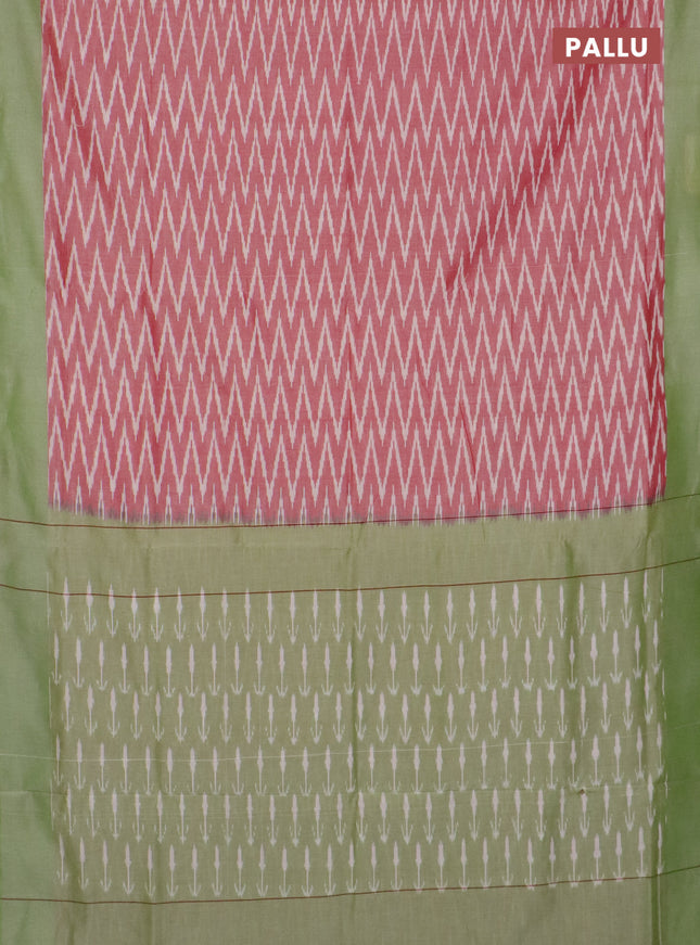 Ikat cotton saree red and green with allover ikat zig zag weaves and simple border