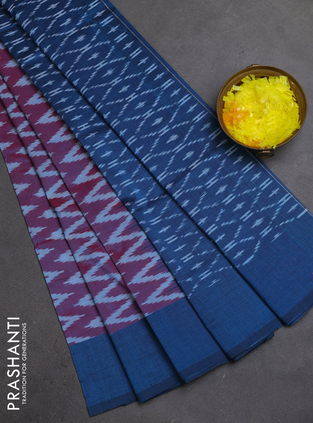 Ikat cotton saree dual shade of maroon and peacock blue with allover ikat zig zag weaves and simple border