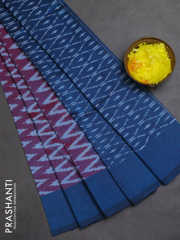 Ikat cotton saree dual shade of maroon and peacock blue with allover ikat zig zag weaves and simple border