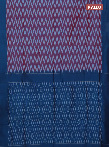 Ikat cotton saree dual shade of maroon and peacock blue with allover ikat zig zag weaves and simple border