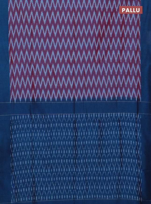 Ikat cotton saree dual shade of maroon and peacock blue with allover ikat zig zag weaves and simple border