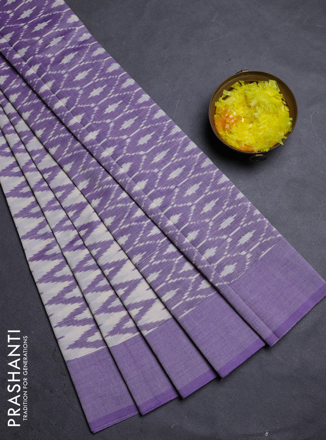 Ikat cotton saree cream and lavender with allover ikat zig zag weaves and simple border