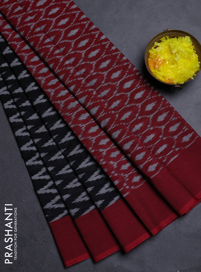 Ikat cotton saree black grey and maroon with allover ikat zig zag weaves and simple border