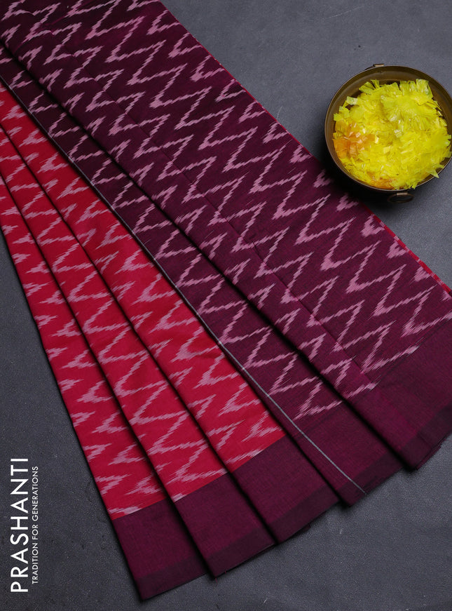 Ikat cotton saree pink and wine shade with allover ikat zig zag weaves and simple border