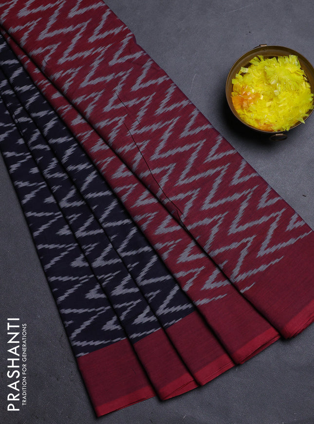 Ikat cotton saree deep navy blue and maroon with allover ikat zig zag weaves and simple border