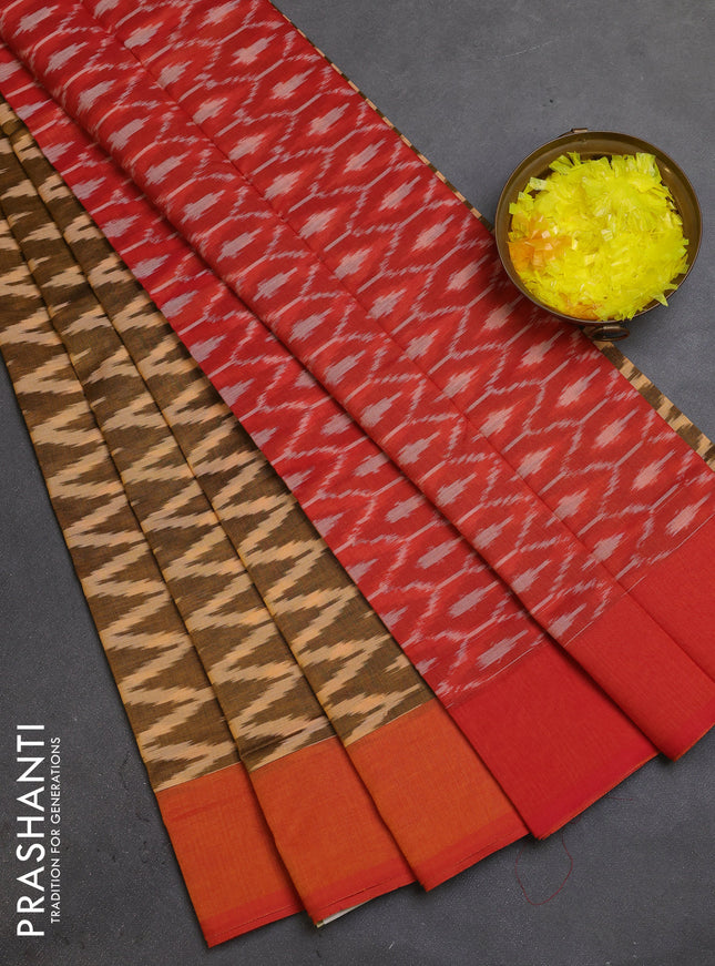 Ikat cotton saree dark mustard and dual shade of orange with allover ikat zig zag weaves and simple border