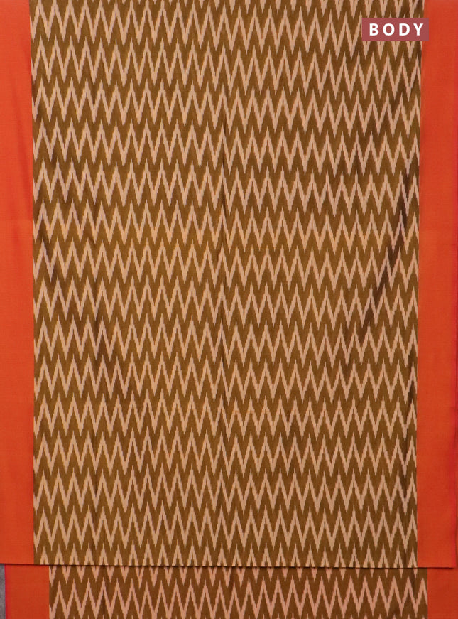 Ikat cotton saree dark mustard and dual shade of orange with allover ikat zig zag weaves and simple border