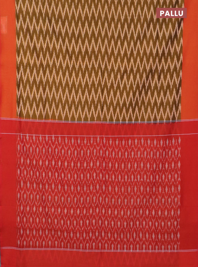 Ikat cotton saree dark mustard and dual shade of orange with allover ikat zig zag weaves and simple border