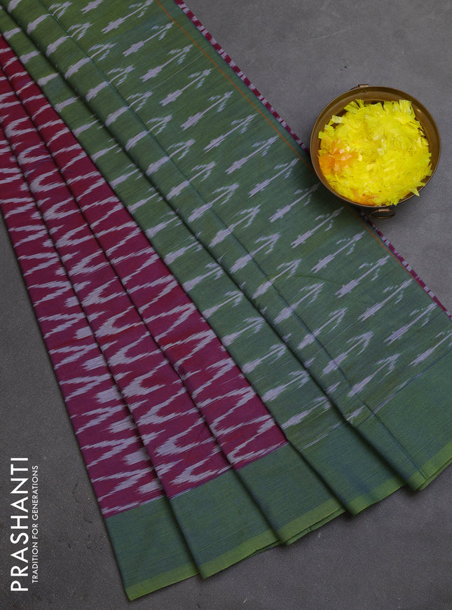 Ikat cotton saree dual shade of maroon and dual shade of green with allover ikat zig zag weaves and simple border