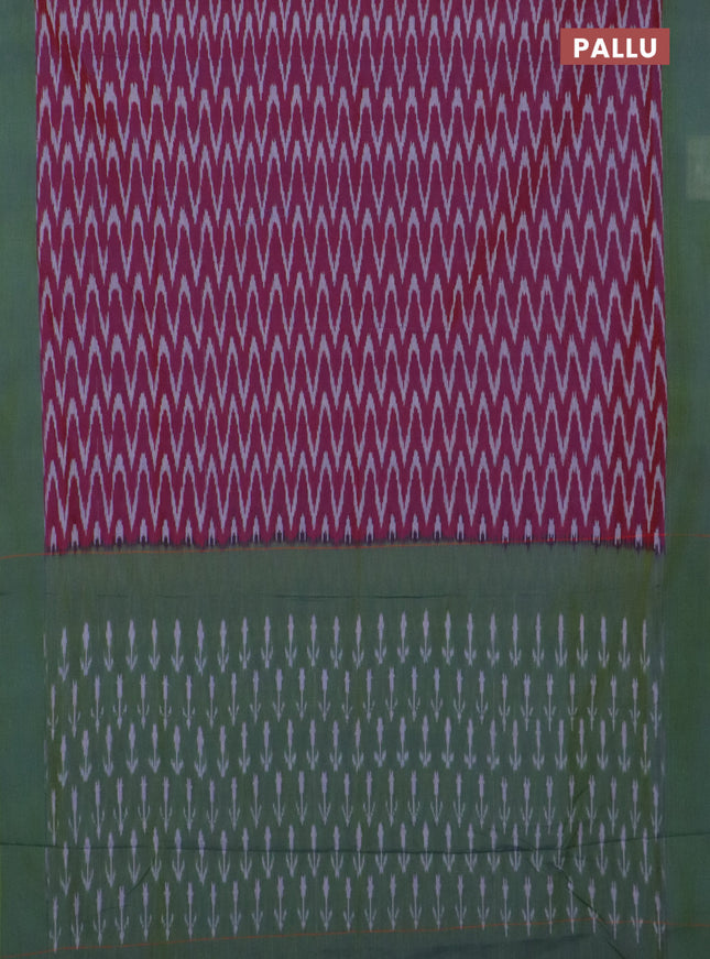 Ikat cotton saree dual shade of maroon and dual shade of green with allover ikat zig zag weaves and simple border